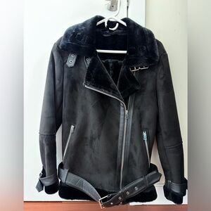 Topshop Faux Shearling Black Moto Biker Jacket